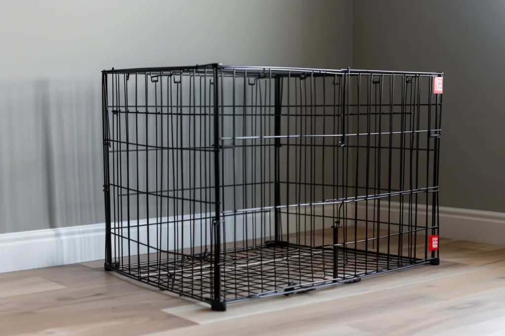 a black wire dog cage with its door open