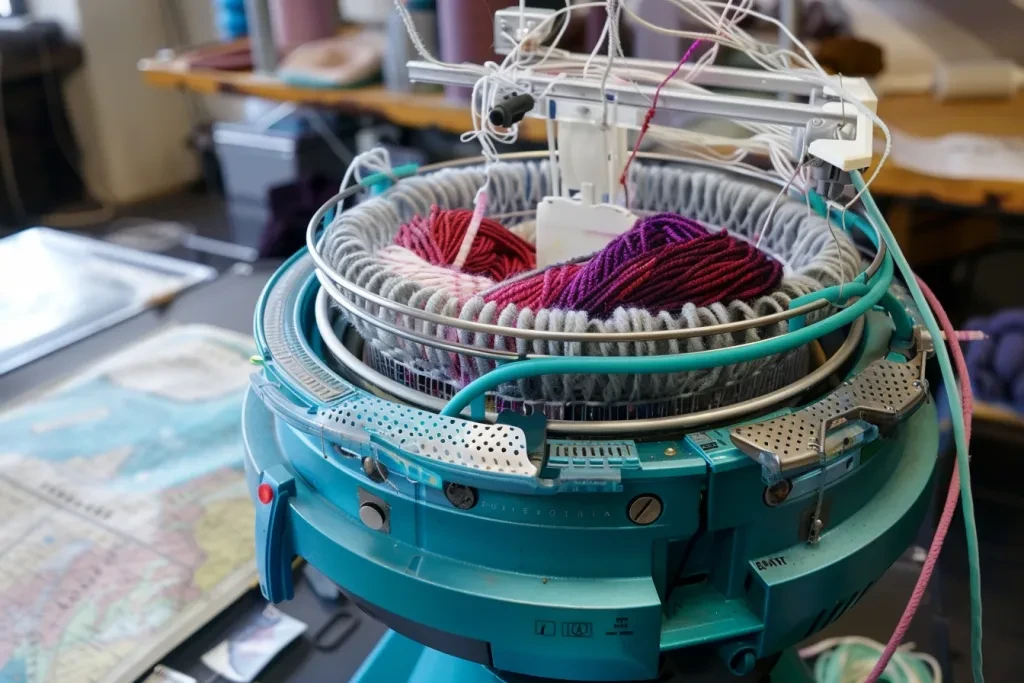 a blue and teal knitting machine