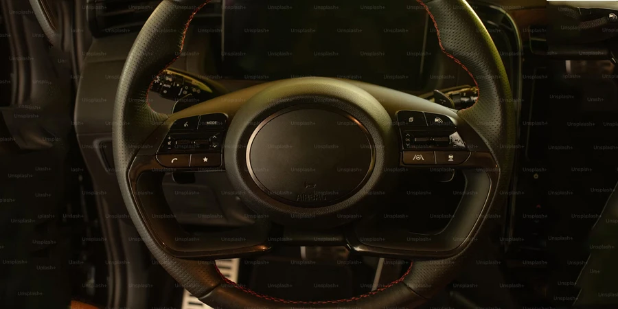 a close up of a steering wheel in a vehicle