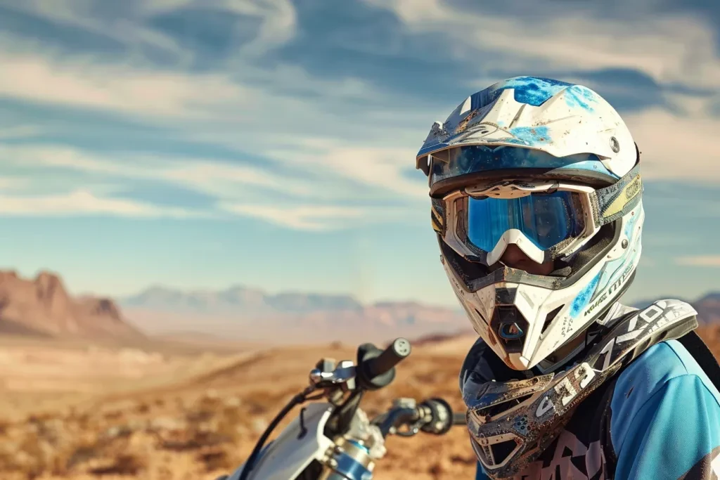 a dirt biker wearing blue and white helmet