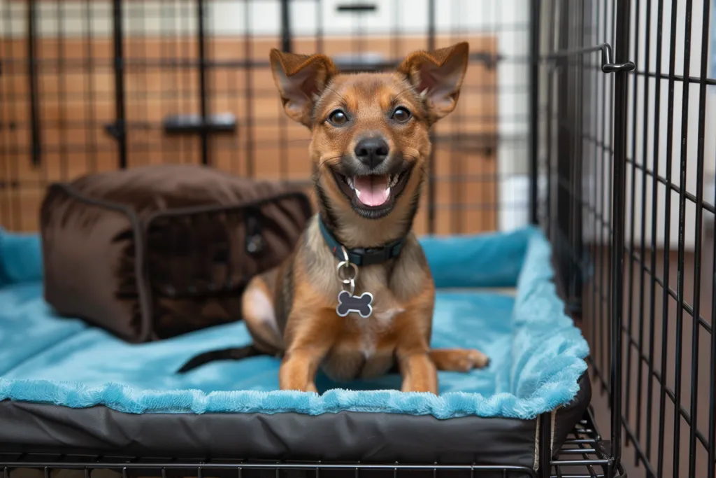 a dog sitting on top of the blue mat inside his cage