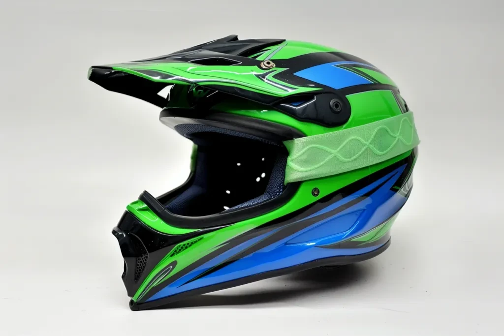 a green and blue dirt bike helmet