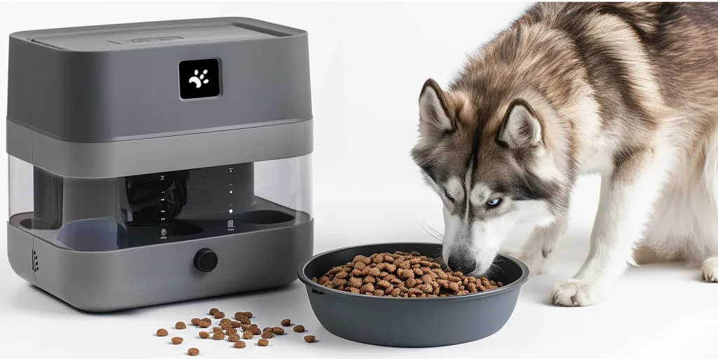 a husky eating from the dog feeder