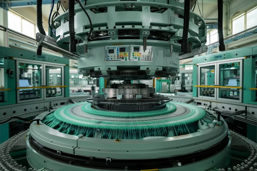 a large and modern round knitting machine with three robotic arms