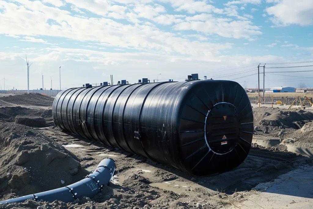 a large black plastic tank with no bottom on the ground