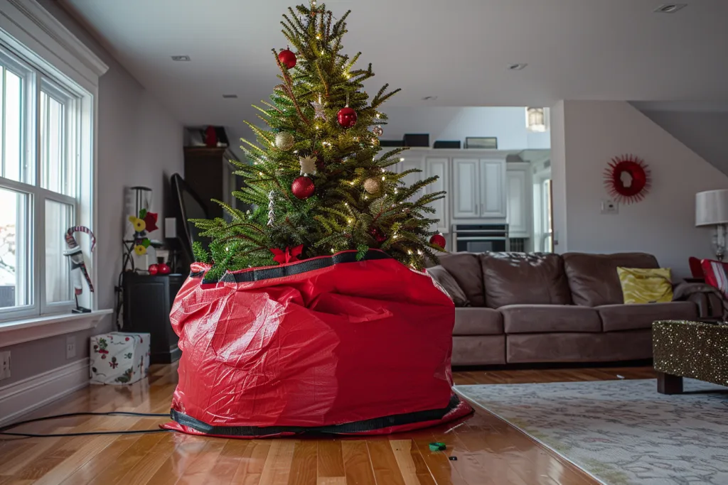 a large christmas tree in red storage bag on wheels