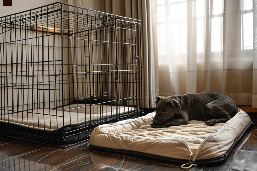 a large dog cage with an empty bed inside