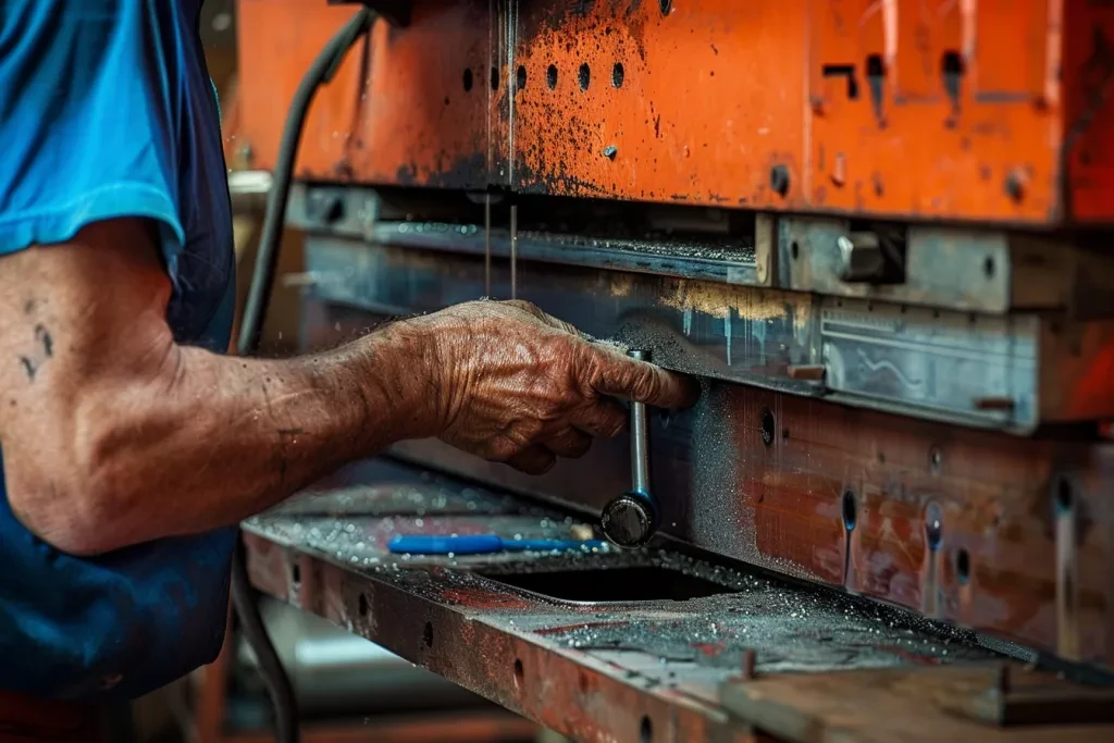 a man in blue shirt is using an orange machine to cut metal