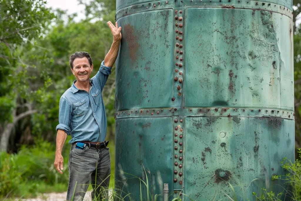 a man waving next to his very large rain water tank