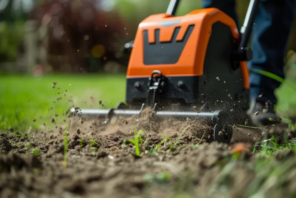 a person using an electric garden tiller