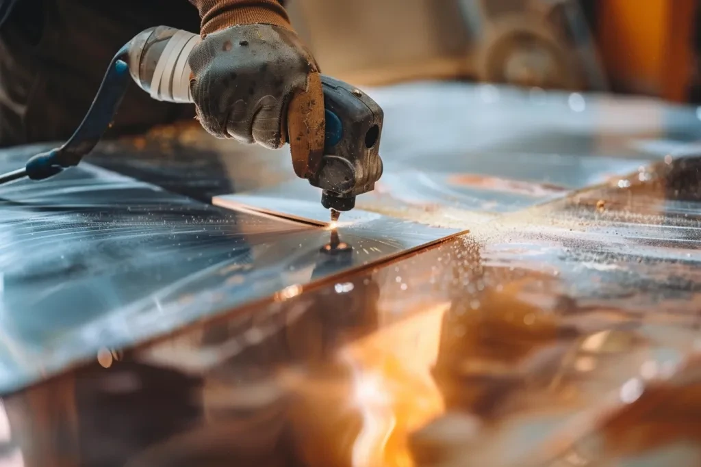 a person using an electric sward to clean metal sheet