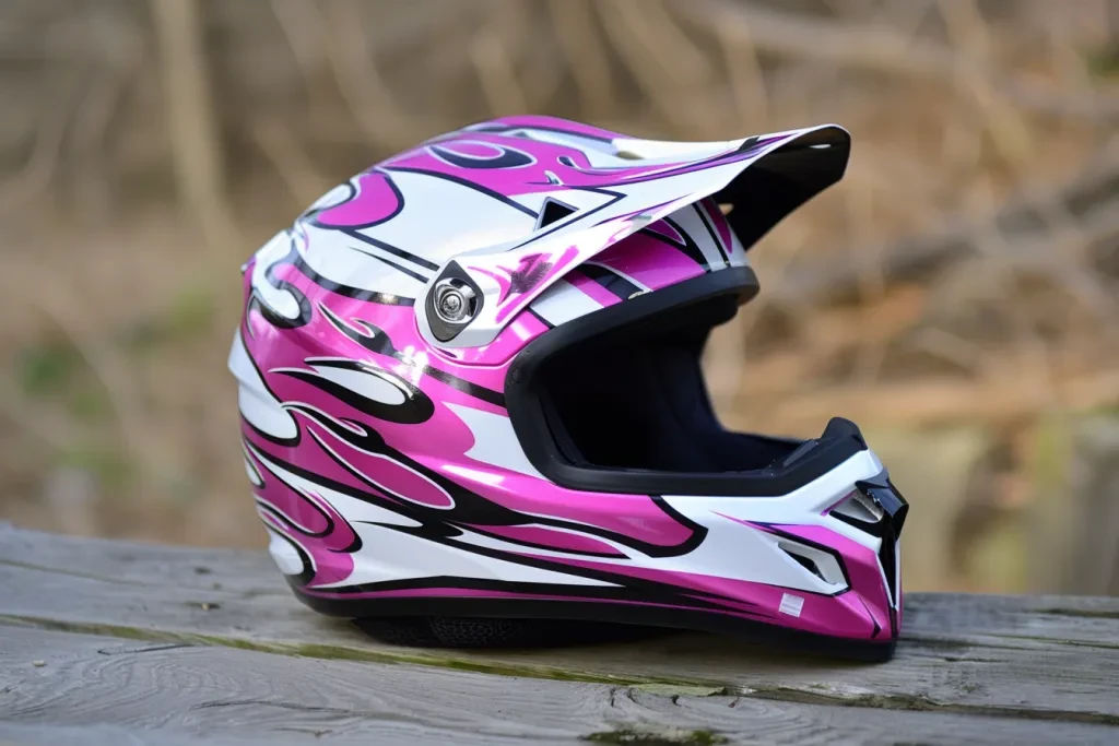 a pink dirt bike helmet is on the bench