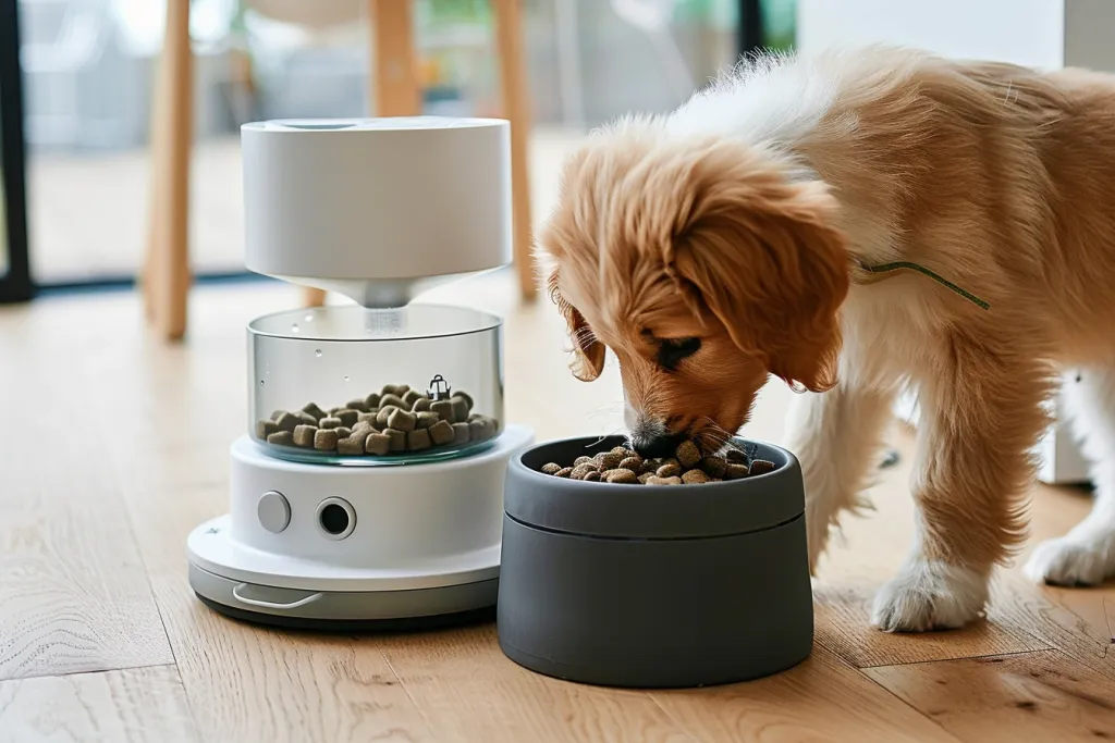 a puppy eating dog food from a feeder