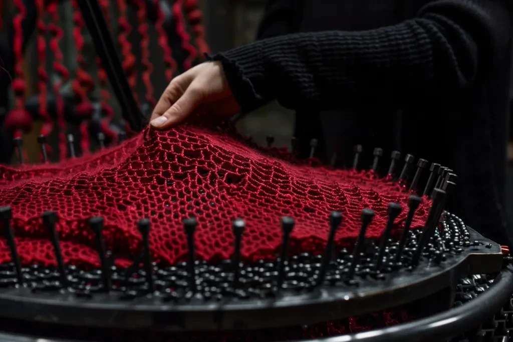 a red knitted fabric is placed on top of the oval-shaped knitting machine