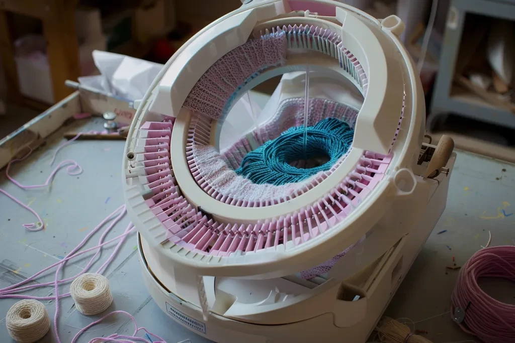 a white and pink knitting machine with blue yarn inside