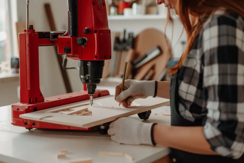 a woman in a plaid shirt and black apron is using a co2 laser engraver