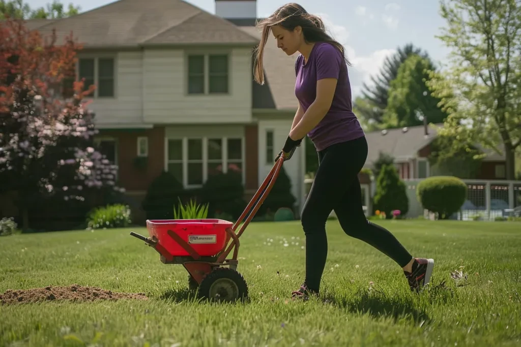 a woman in black leggings and a purple shirt is pushing an empty red spreader