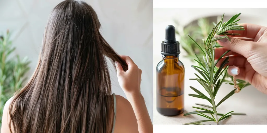 a woman with long hair applying rosemary essential oil to her head and back