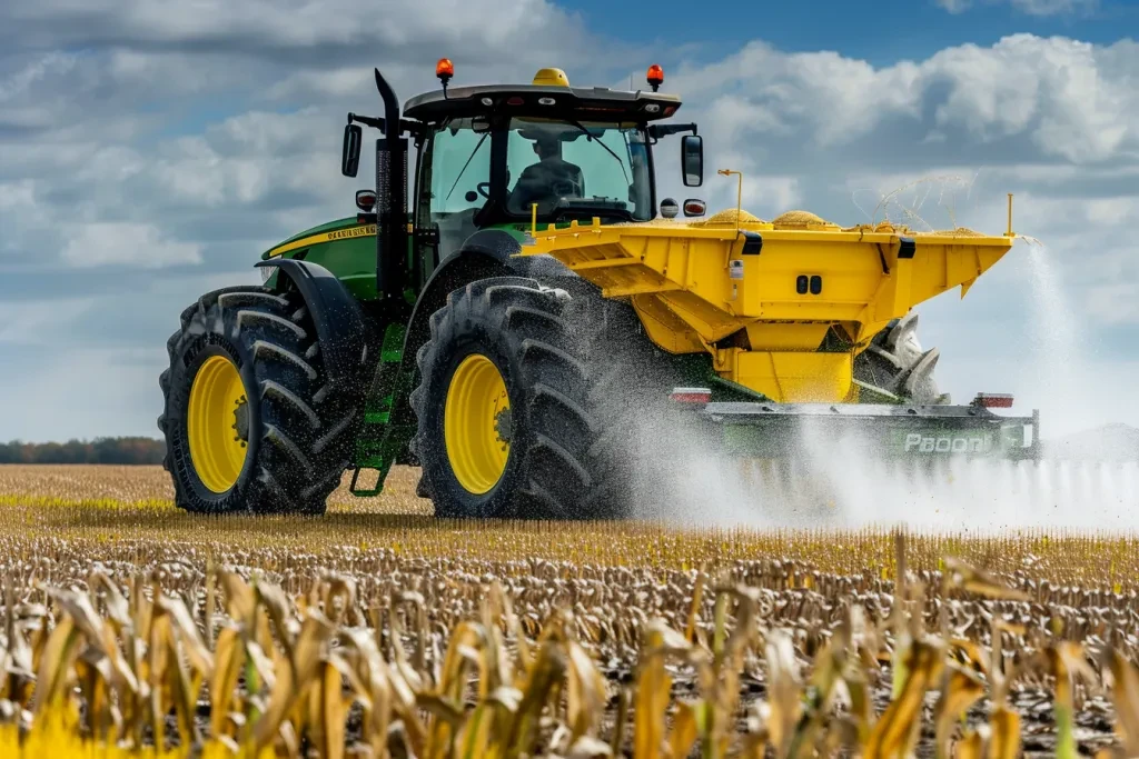 a yellow and green spreader is mounted on the front of an open deck tractor