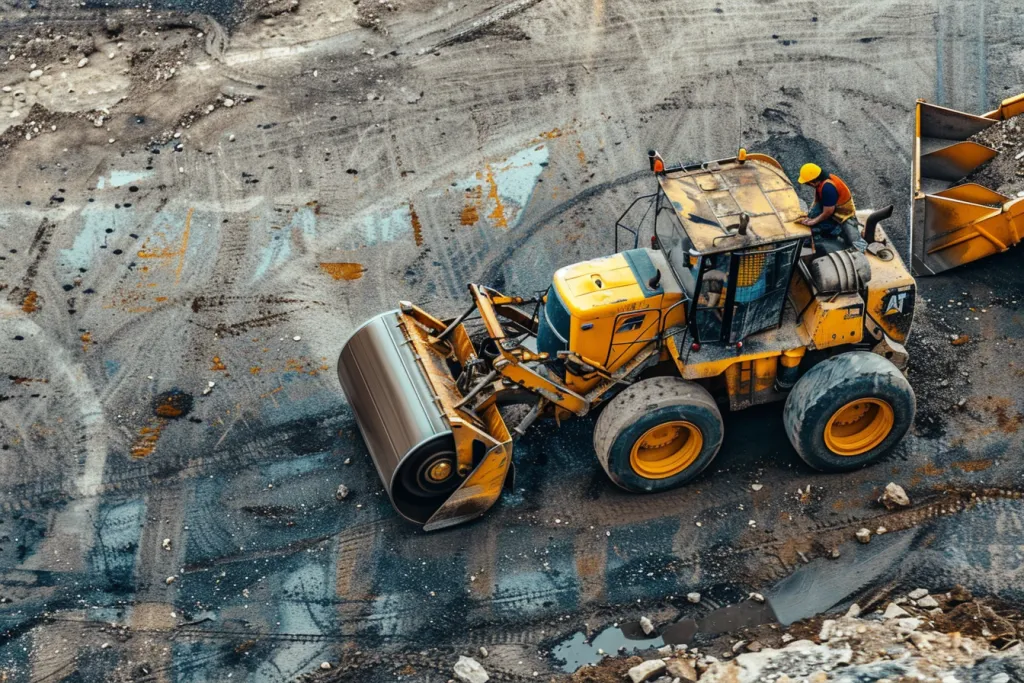 a yellow cat road roller in the middle