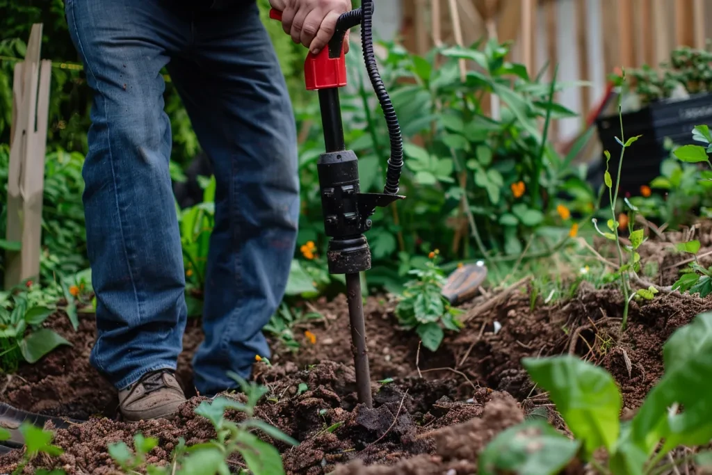 A man is using an electric post hole digging machine