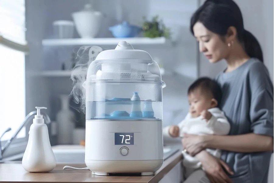 the top of the baby bottle creates steam from hot water