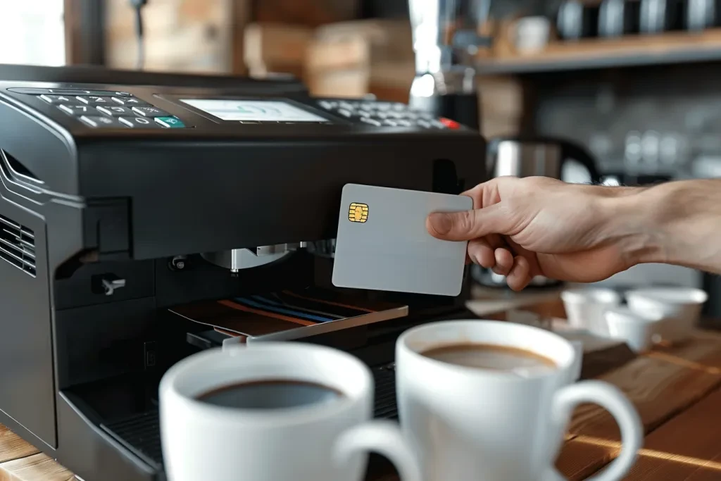 a person holding their bank card in front of an industrial sublimation coffee mug printer