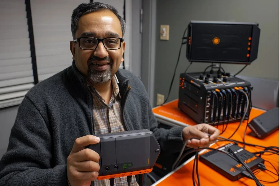 an Indian man in his mid-40s with glasses and goatee