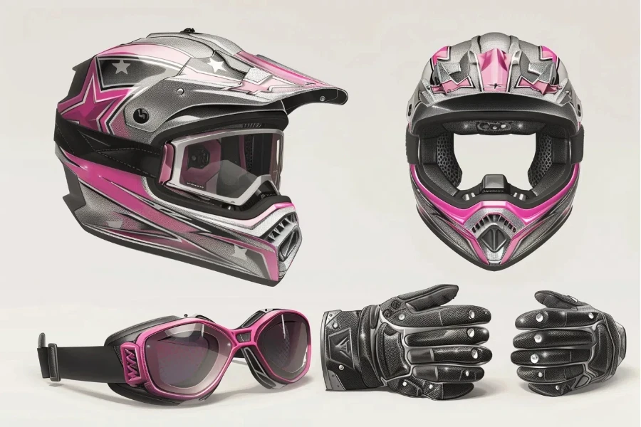 an illustration of a pink and silver dirt bike helmet