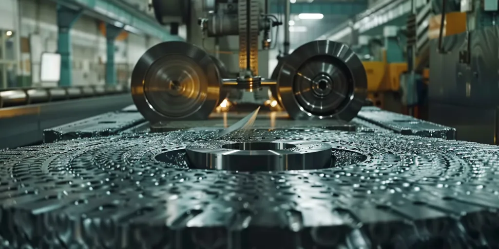 an industrial lathe machine in action
