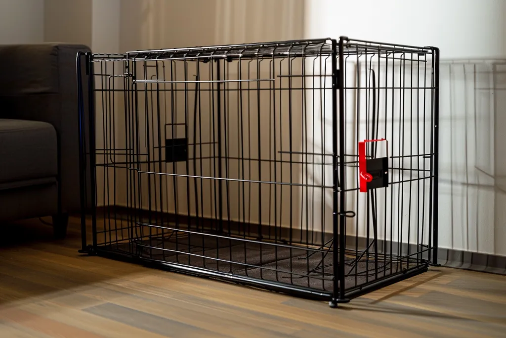 black dog cage with black floor and red clip