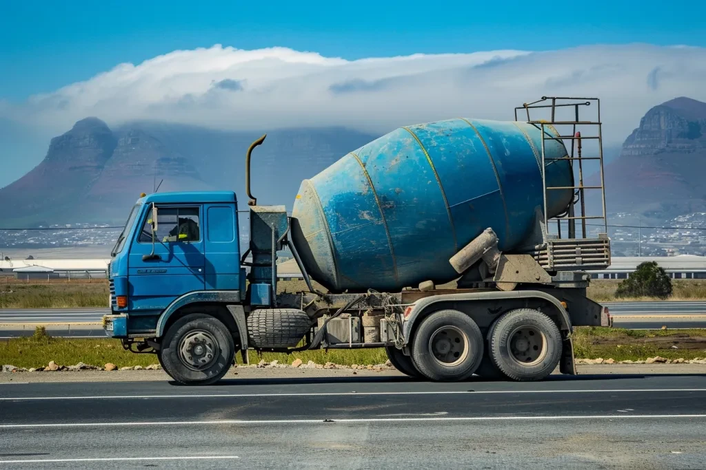 blue cement truck with its drum mixer