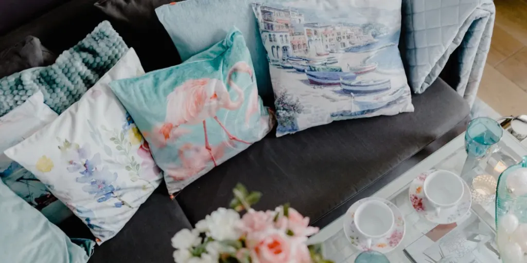 Blue throw pillows on a sofa