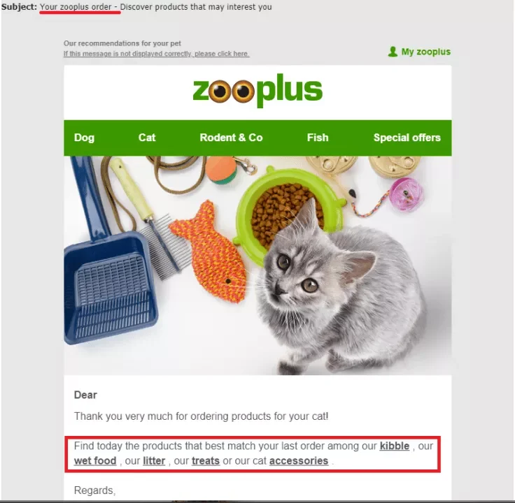 common email marketing mistakes to avoid clickbait subject lines examples from Zooplus