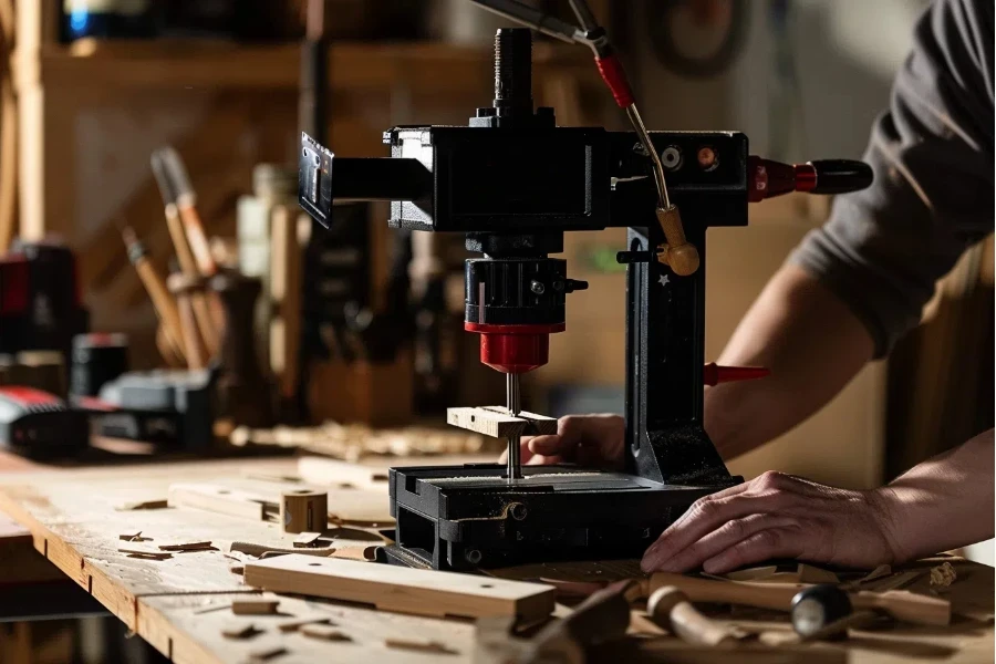 drill press is being used to make wooden crafts