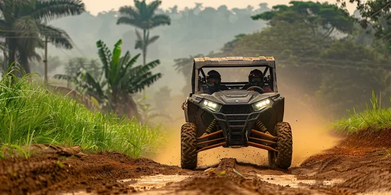 driving on dirt road in the savannah of ghana with grass and trees