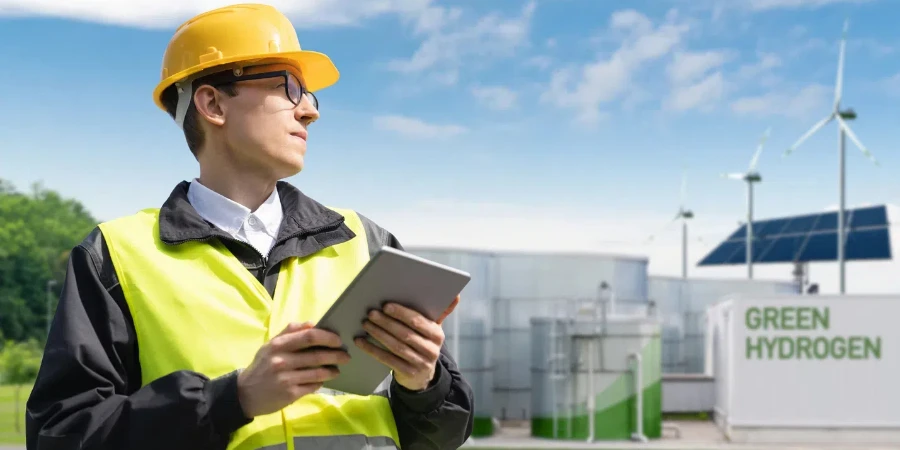 engineer with tablet computer on a background of Green Hydrogen factory