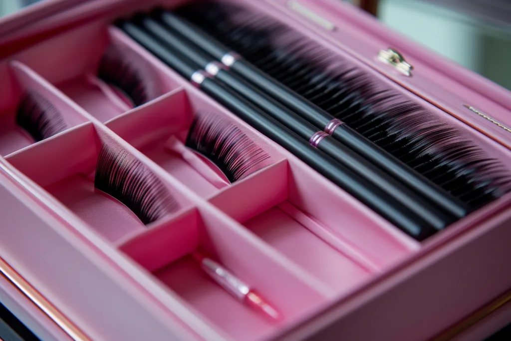 eyelash extensions with its pink packaging and set of tools