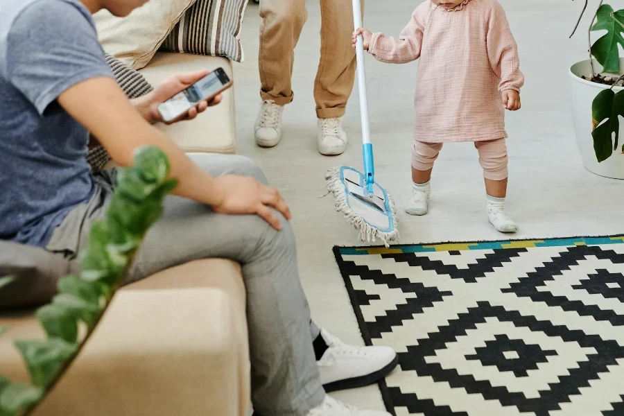 Family cleaning with rectangular mop