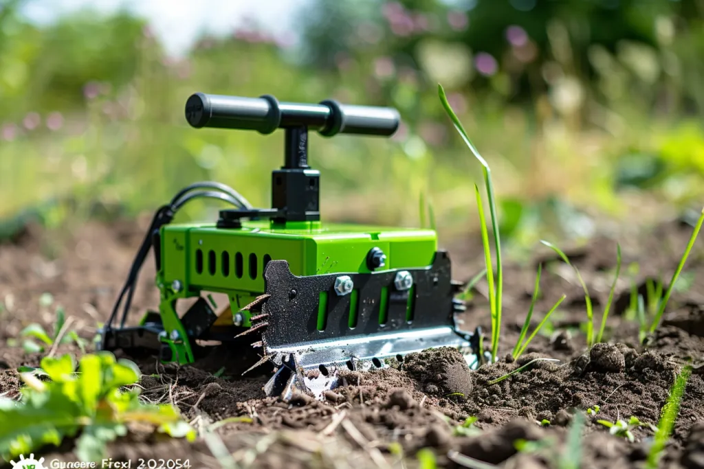 greenworks garden tilling machine in the ground