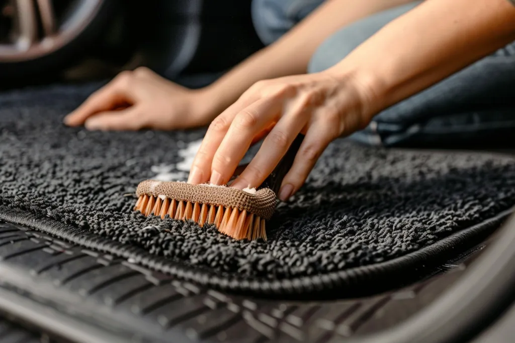 hand cleaning car carpet with brush and soap