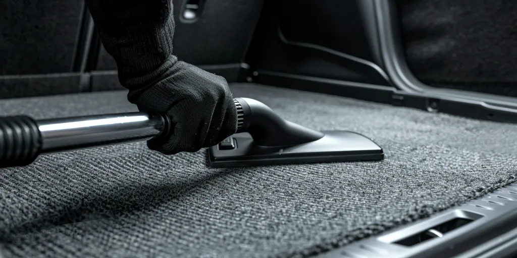 hands in black gloves cleaning the trunk carpet