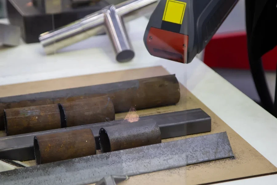 handheld laser cleaning gun removing rust from tube