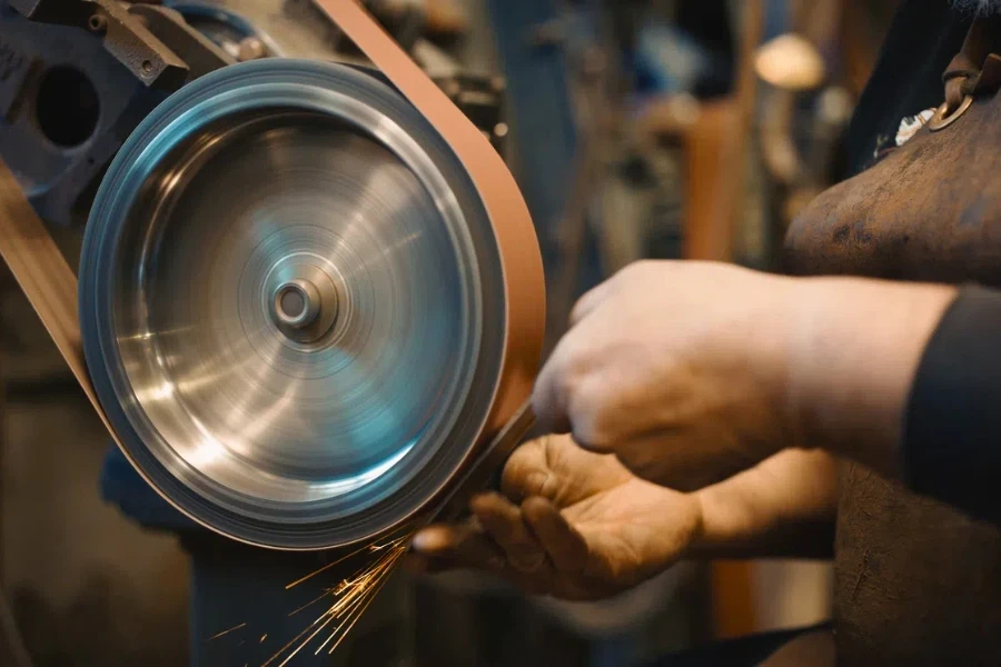 craftsman uses a belt sander in a mechanical workshop
