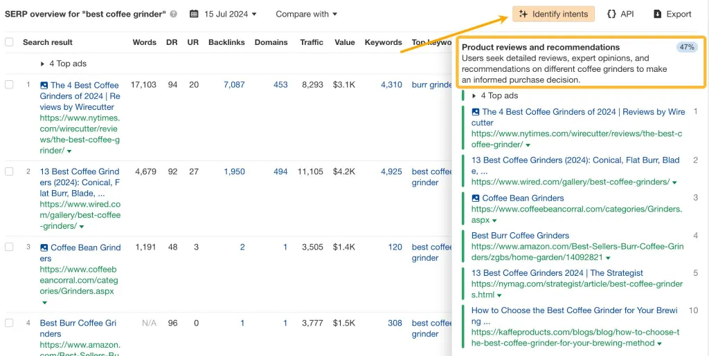 identify intents feature in keywords explorer