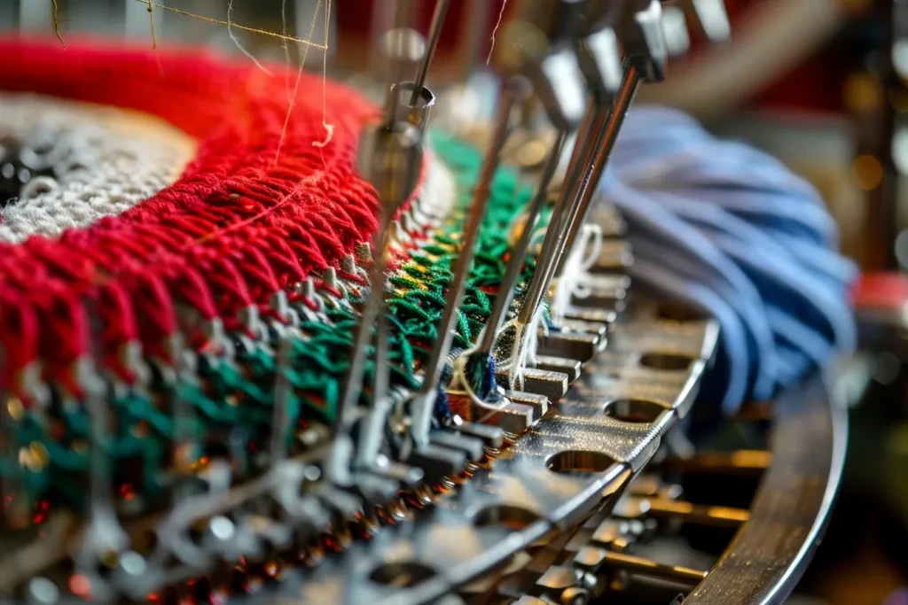 knitting machine with red, white and green yarns in the top