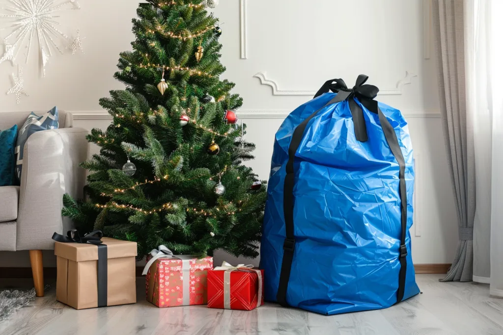 large blue Christmas tree storage bag with black straps