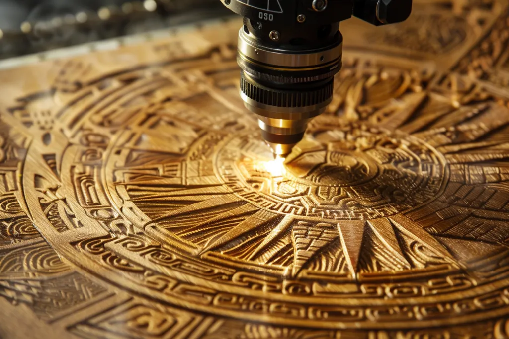 laser engraving machine creating an intricate pattern of the aztec sun stone on wood