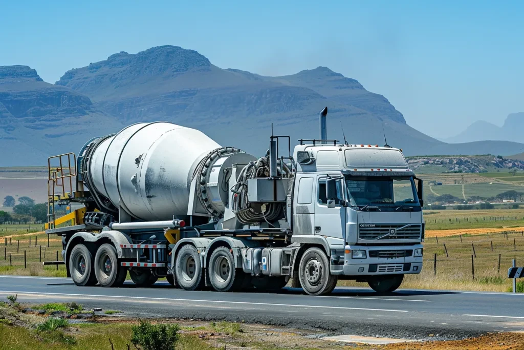 low bed truck trailer carrying white drum mixer