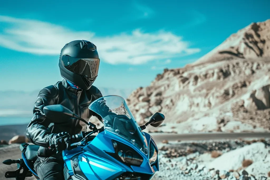 man wearing black leather jacket and helmet riding blue motorcycle on top